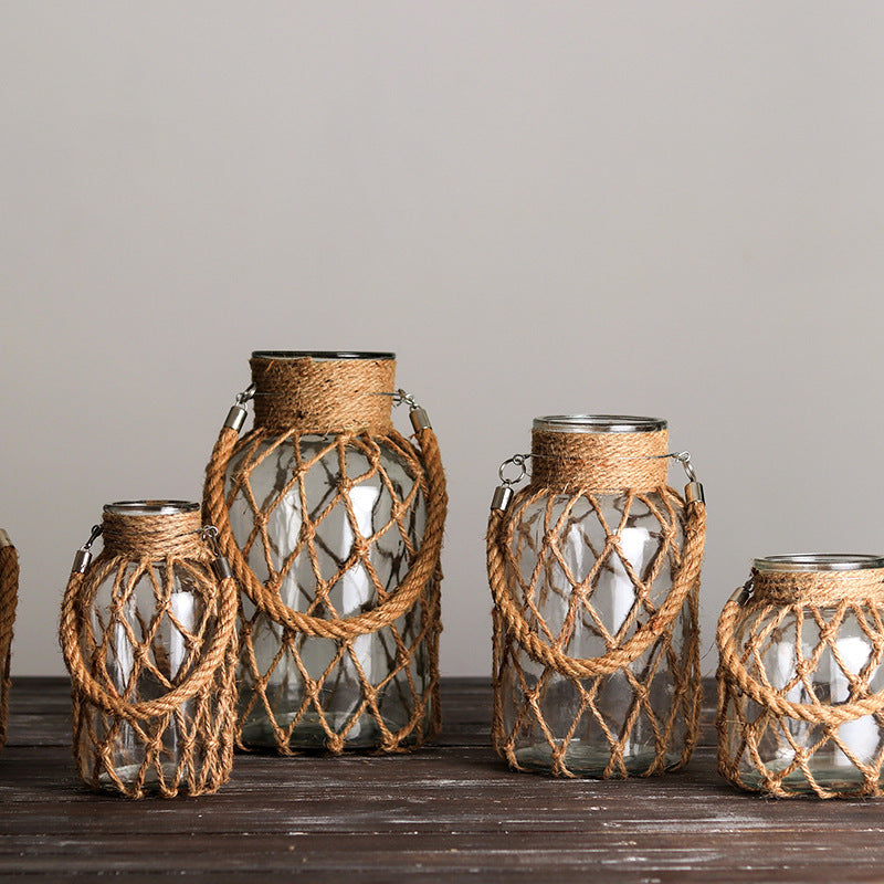 Hand-woven Hemp Rope Glass Transparent Vase