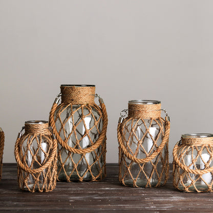 Hand-woven Hemp Rope Glass Transparent Vase