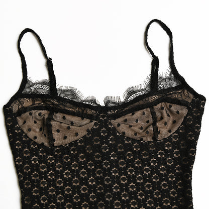Fashionable Lace Back Split Polka Dot Dress