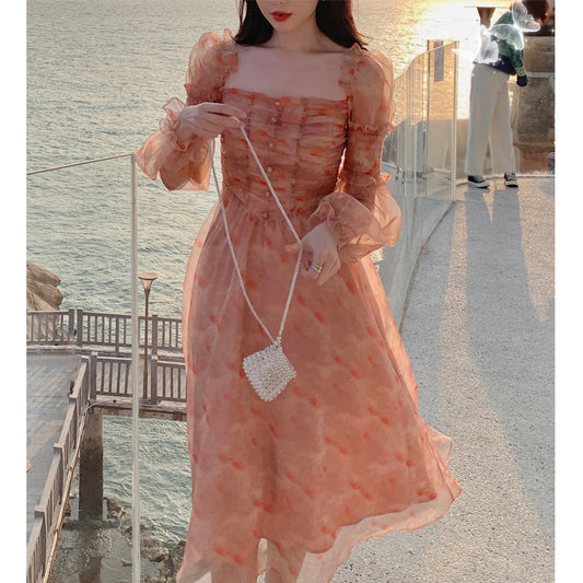 Ladies Puff Sleeve Square Neck Floral Dress