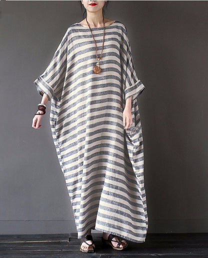 Cotton And Linen Stripes Loose Plus Size Long Dress