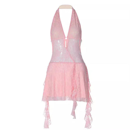 Short Stitching Ribbon Halter Lace Hollow-out Deep V-neck Backless Hot Girl Dress