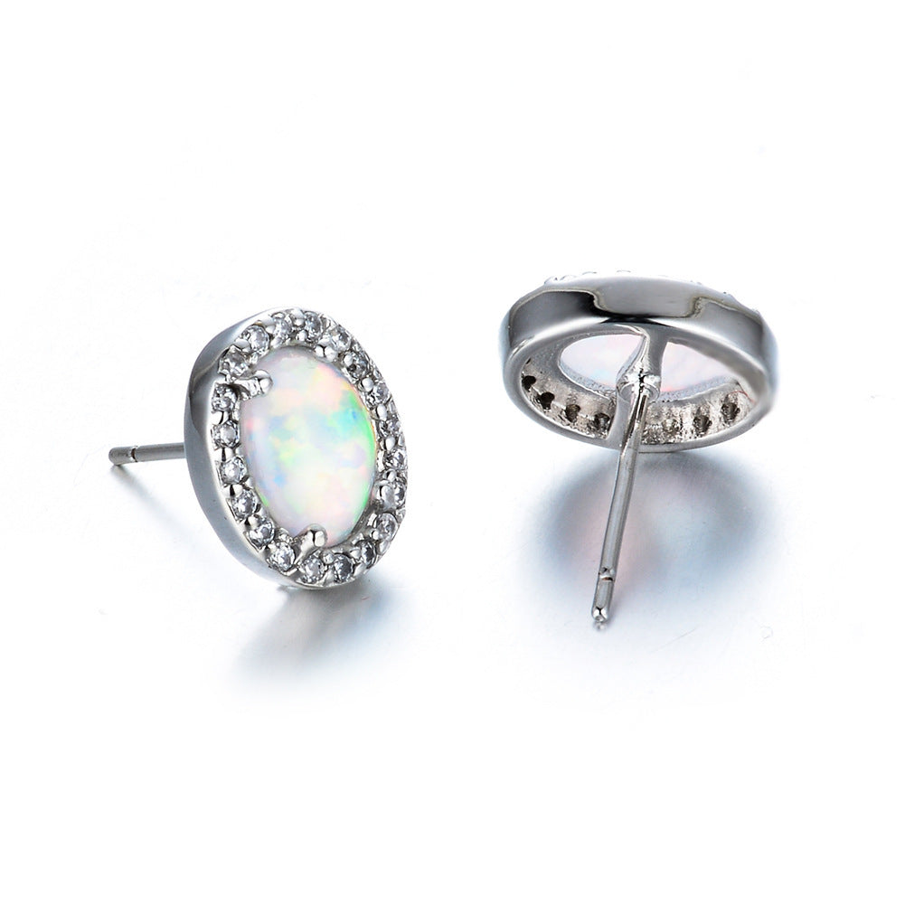 Oval White Opal Edge White Small Diamond Studs