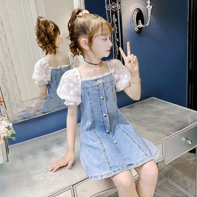 Girls Denim Dress Fashion Lace Puff Sleeves A-line Summer Patchwork