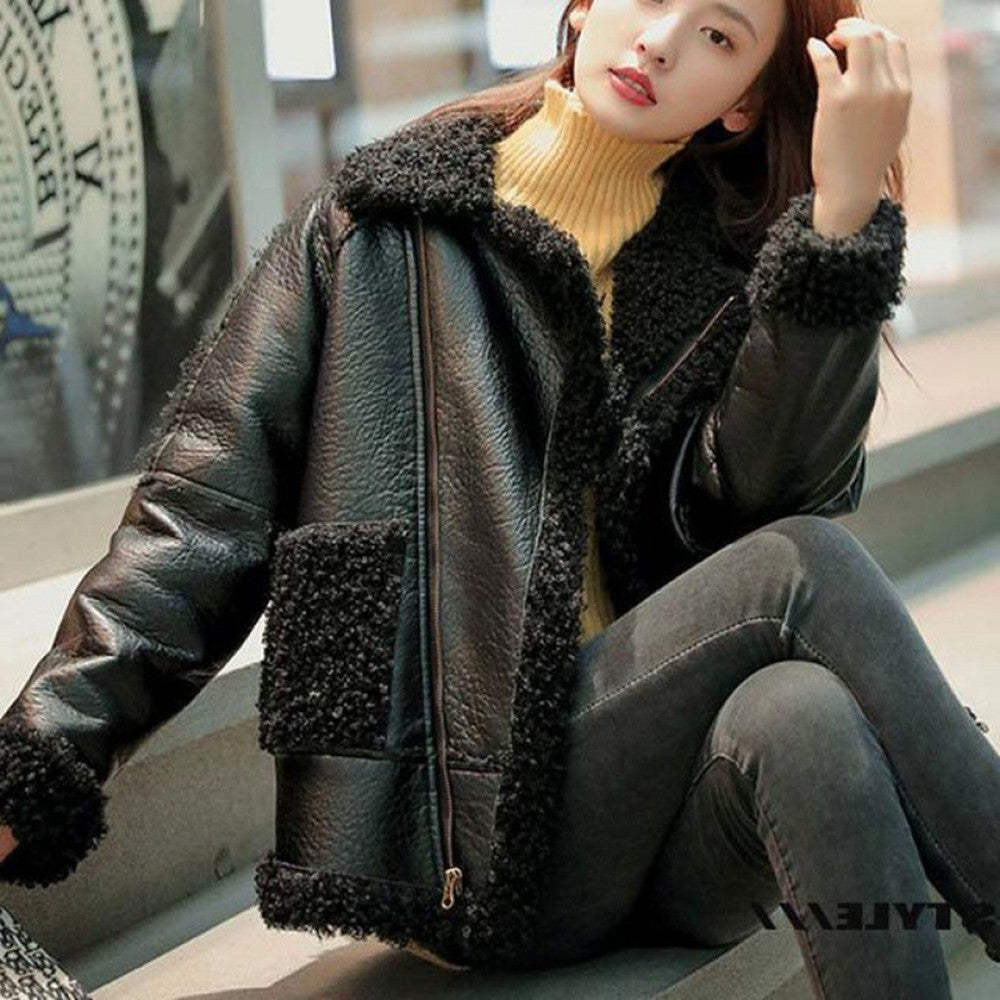 Women's Pure Lamb Wool Solid Color Coat With Fur