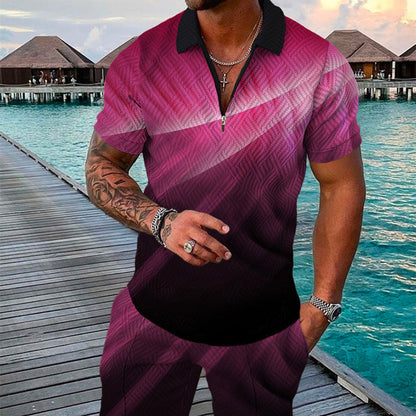 Men's Summer Fashion 3D Printed Short Sleeve Geometric Zip Lapel Shirt Set