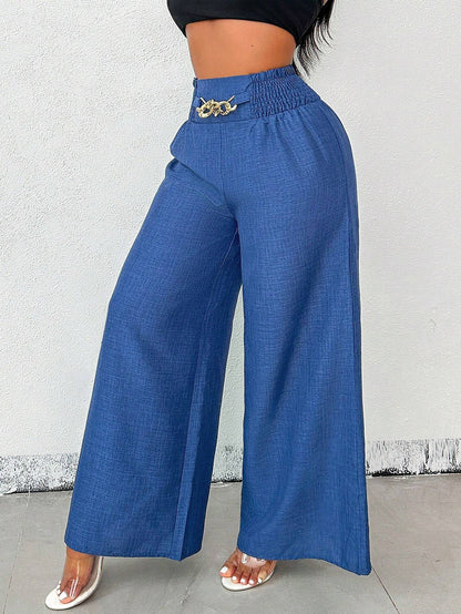 New Womens Fashionable Retro High-Waist Elastic Drapey Wide-Leg Long Pants For Women