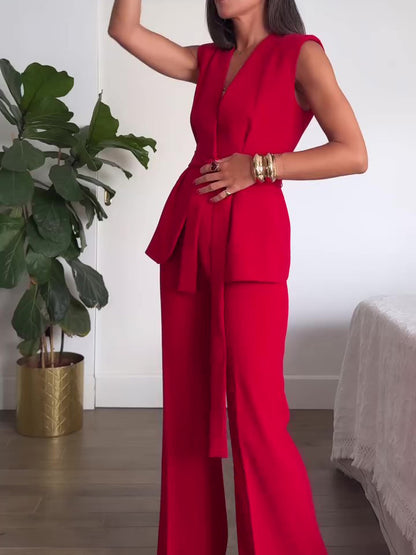 Red Sleeveless Tie Vest High Waist Pants Suit