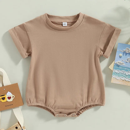 Baby Boy Girl Solid Color Short Sleeve Bubble Romper Oversized T-Shirt Bodysuit Top Summer Baby Jumpsuits Clothes
