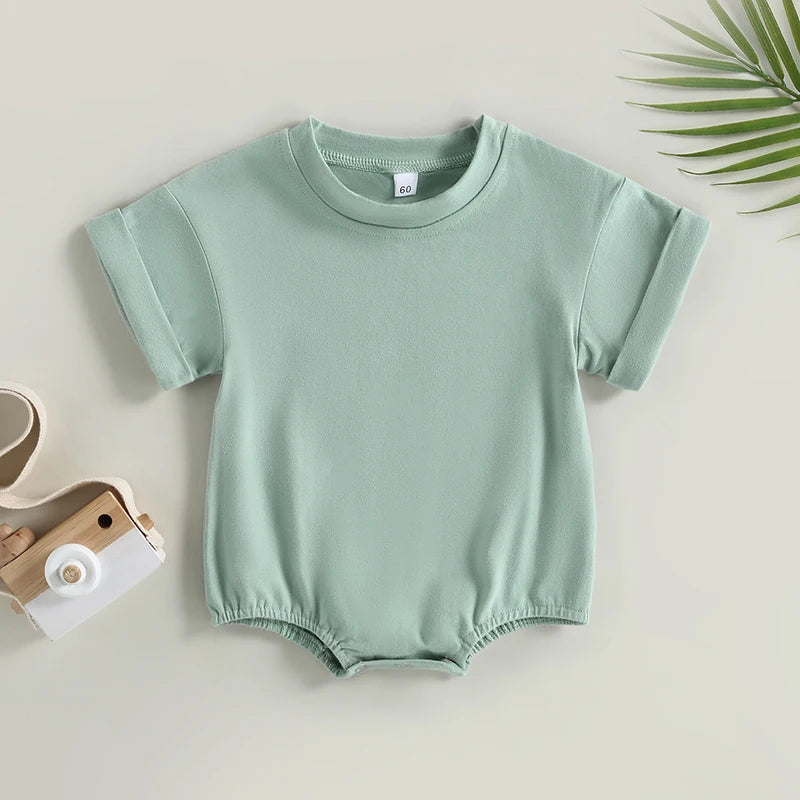 Baby Boy Girl Solid Color Short Sleeve Bubble Romper Oversized T-Shirt Bodysuit Top Summer Baby Jumpsuits Clothes