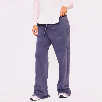 Premium Women Bleach Wash Heavyweight Cotton Fleece Flared Joggers Elastic Waist Winter Flat Front Casual Streetwear Lounge Set