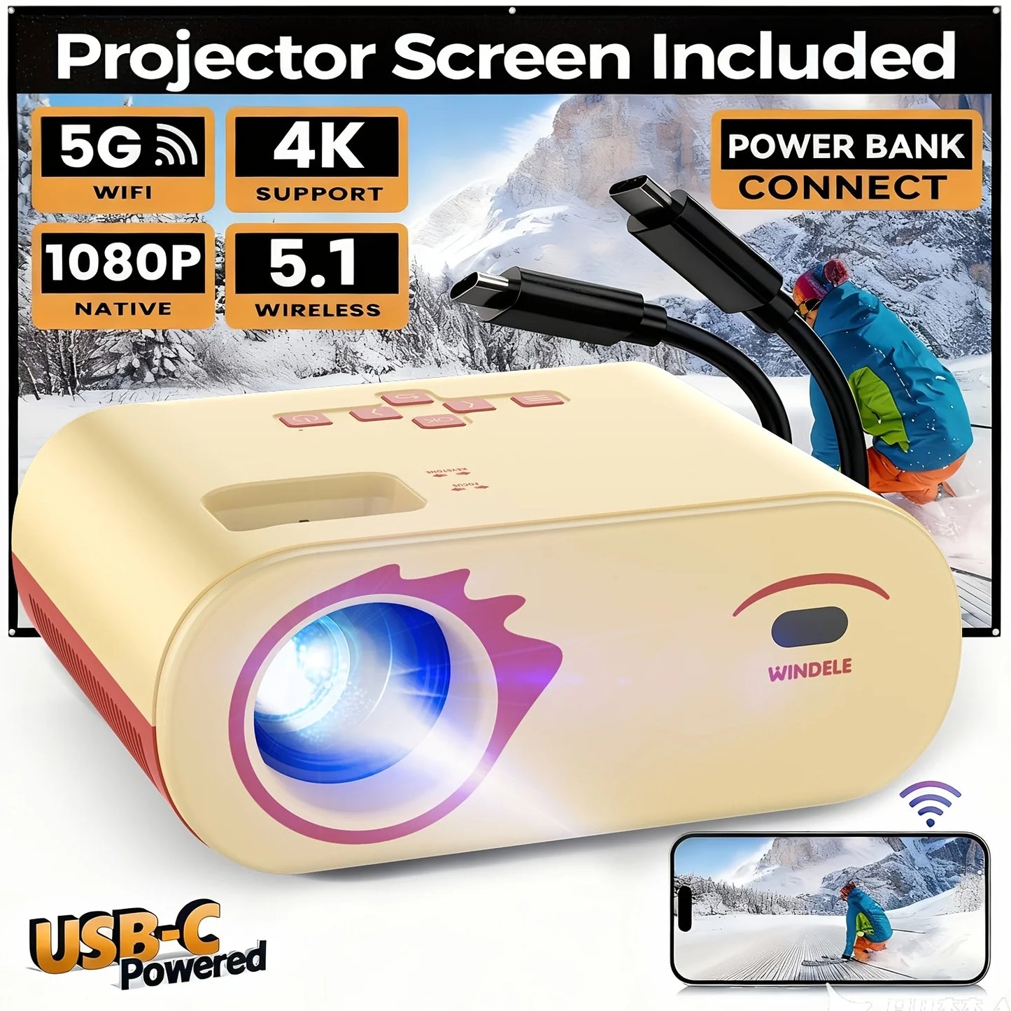 1080P Full HD Portable Projector, Bluetooth Movie Projector With Projector Screen, Compatible with TV Stick/Smartphone/HDMI/USB
