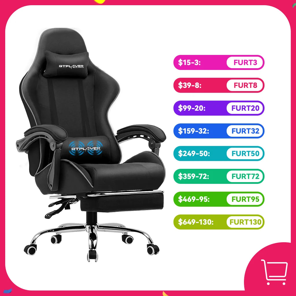 GTPLAYER Gaming Chair with Footrest, Lumbar Support, Adjustable Height, Swivel, Headrest for Office/Gaming
