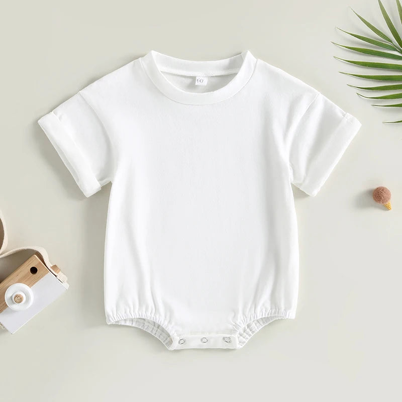 Baby Boy Girl Solid Color Short Sleeve Bubble Romper Oversized T-Shirt Bodysuit Top Summer Baby Jumpsuits Clothes