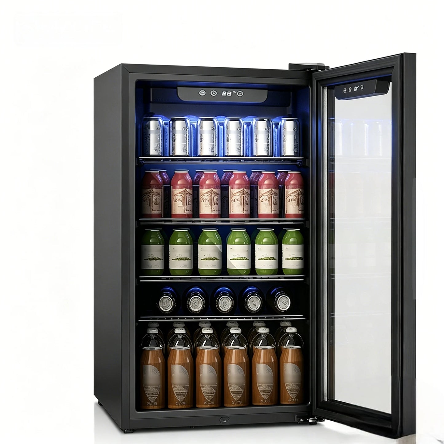 EKOJUCE Beverage Refrigerator and Cooler, 126 Can Mini fridge with Glass Door, Small Refrigerator with Adjustable Shelves for Soda Drinks or coco, Perfect for Home/Ba r/Office (Black/Sliver Steel)