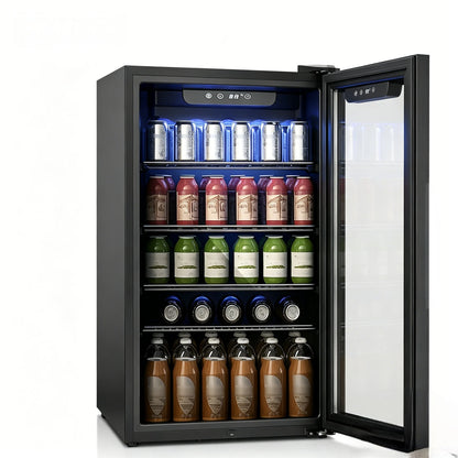 EKOJUCE Beverage Refrigerator and Cooler, 126 Can Mini fridge with Glass Door, Small Refrigerator with Adjustable Shelves for Soda Drinks or coco, Perfect for Home/Ba r/Office (Black/Sliver Steel)