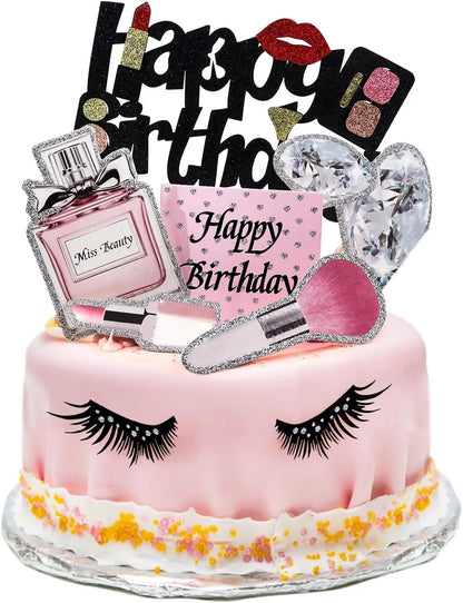 22Pcs Makeup Cake Topper, Lipstick Perfume Eyelash Diamond Brush Cosmetic Cupcake Toppers Decoration for Birthday Party Supplies