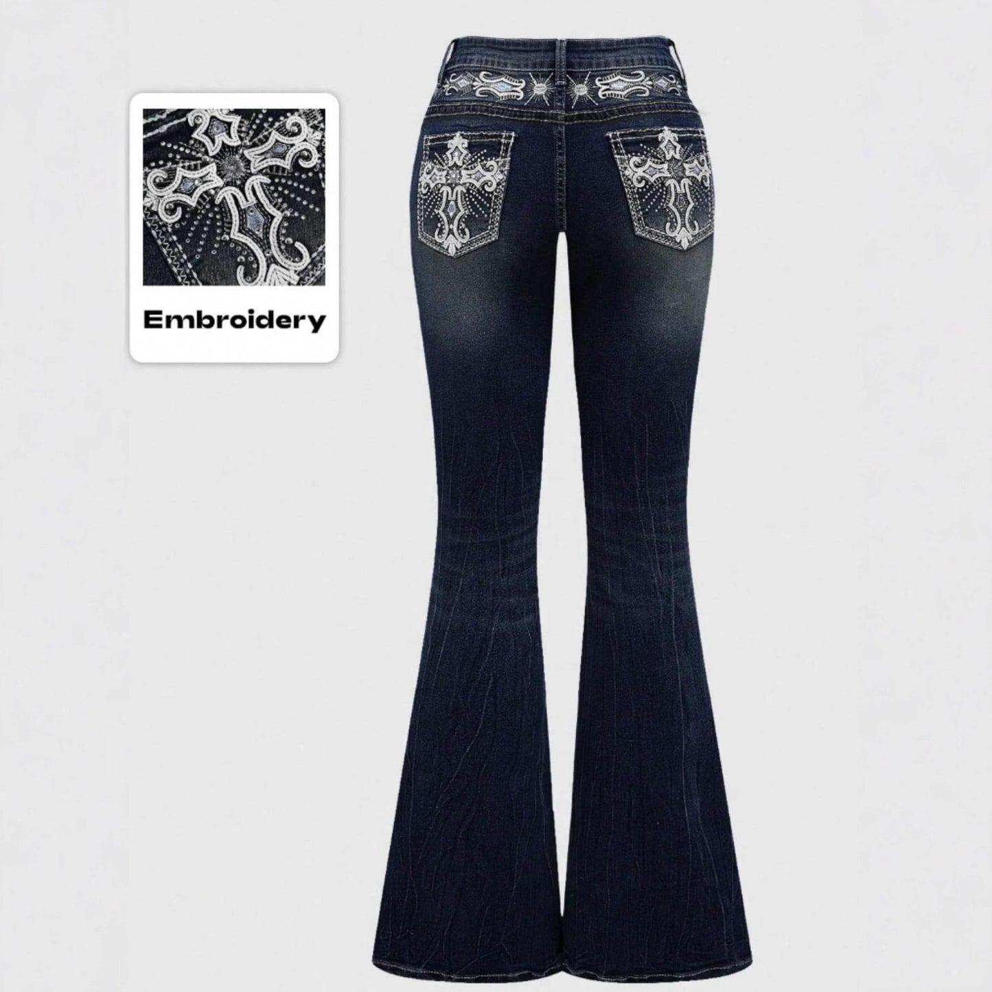 Women's dark wash pocket embroidered rhinestone fitted flared jeans