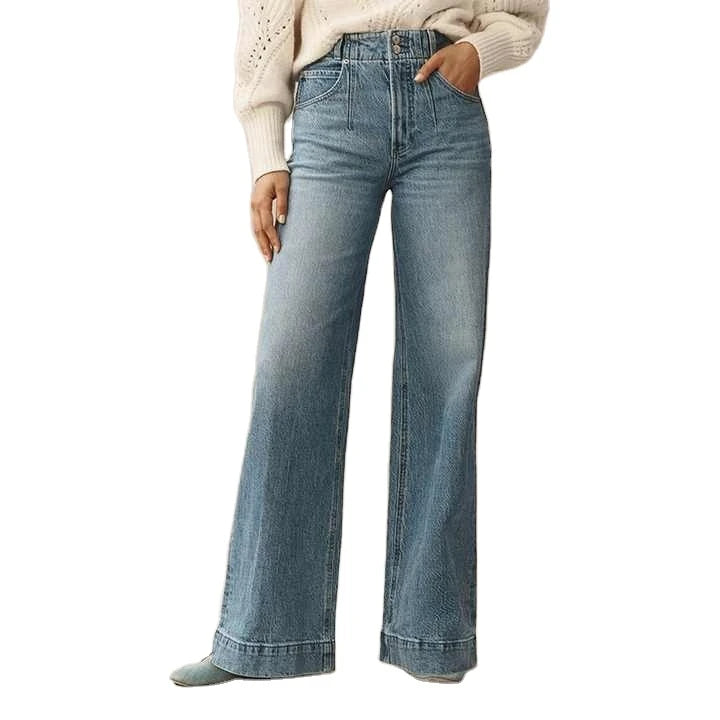 OEM 2025 Customized Winter Flat Front Women's Straight Leg Denim Pants Breathable Mid Waist Casual Streetwear 100% Plain Dyed