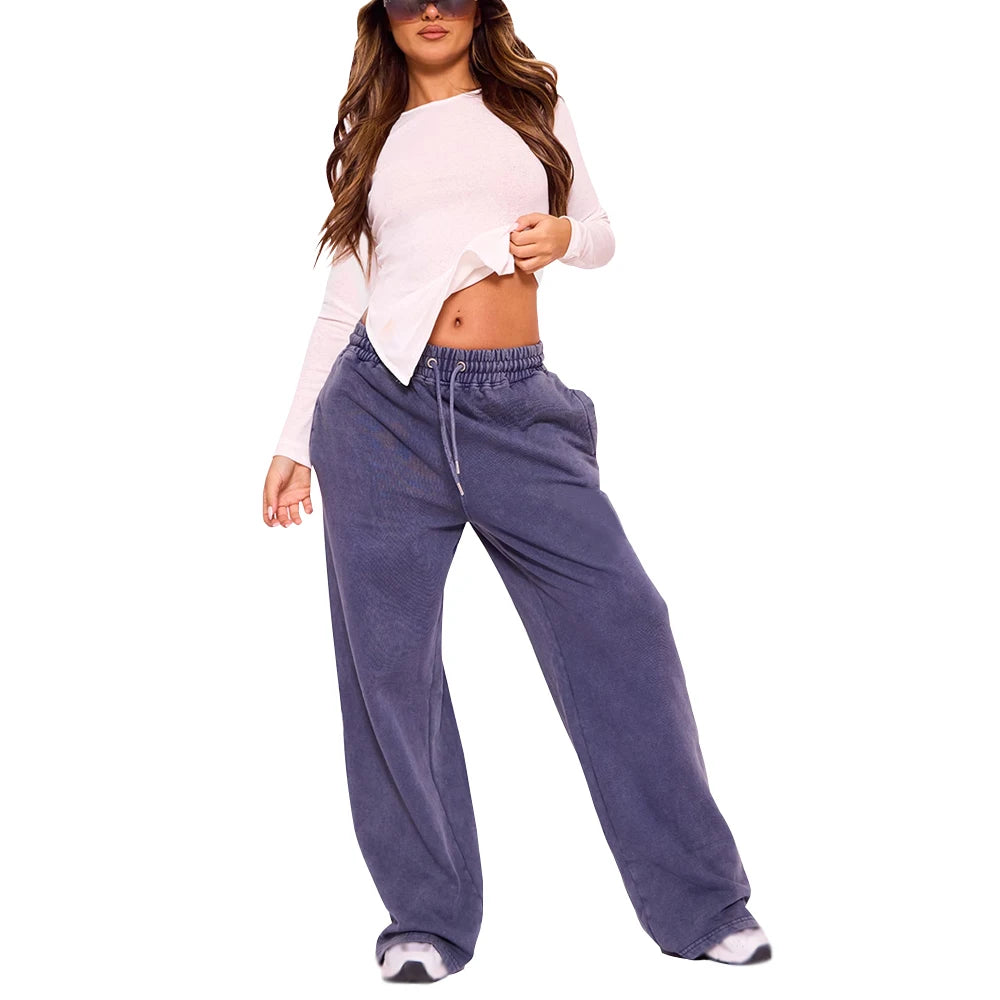 Premium Women Bleach Wash Heavyweight Cotton Fleece Flared Joggers Elastic Waist Winter Flat Front Casual Streetwear Lounge Set