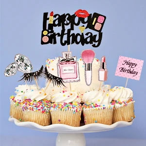 22Pcs Makeup Cake Topper, Lipstick Perfume Eyelash Diamond Brush Cosmetic Cupcake Toppers Decoration for Birthday Party Supplies