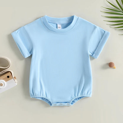 Baby Boy Girl Solid Color Short Sleeve Bubble Romper Oversized T-Shirt Bodysuit Top Summer Baby Jumpsuits Clothes