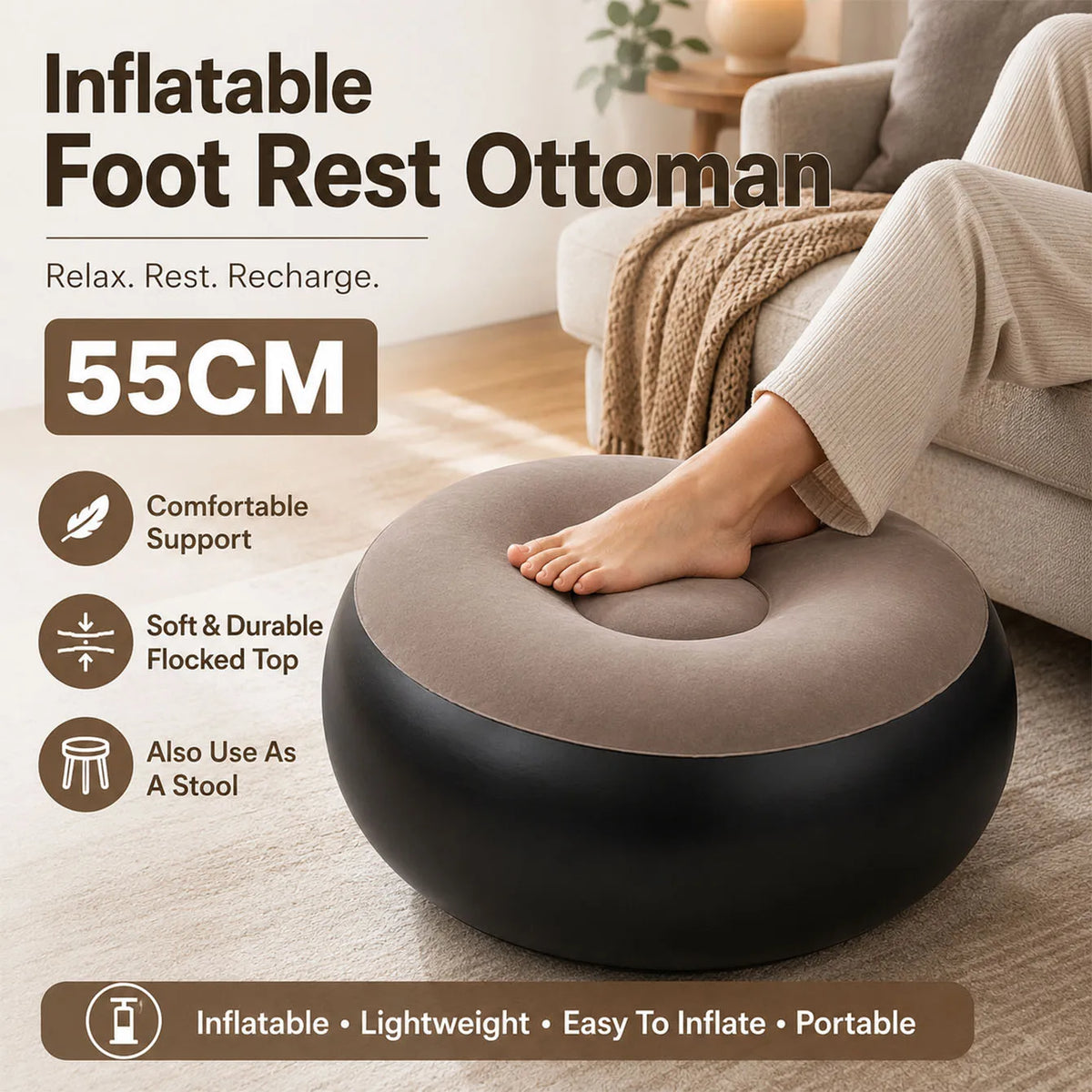 1PC Inflatable Foot Stool Ottoman Round Air Footrest Pouf Portable Seat Sofa Chair 2-in-1 Footrest & Extra Seating Lightweight