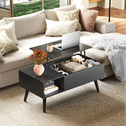 Lift Top Coffee Table with Hidden Storage, Black Mid Century Modern Wooden Coffee Table, for Dining/Living Rooms/Offices; 39.4"W x 19.7"D x 16.9"H