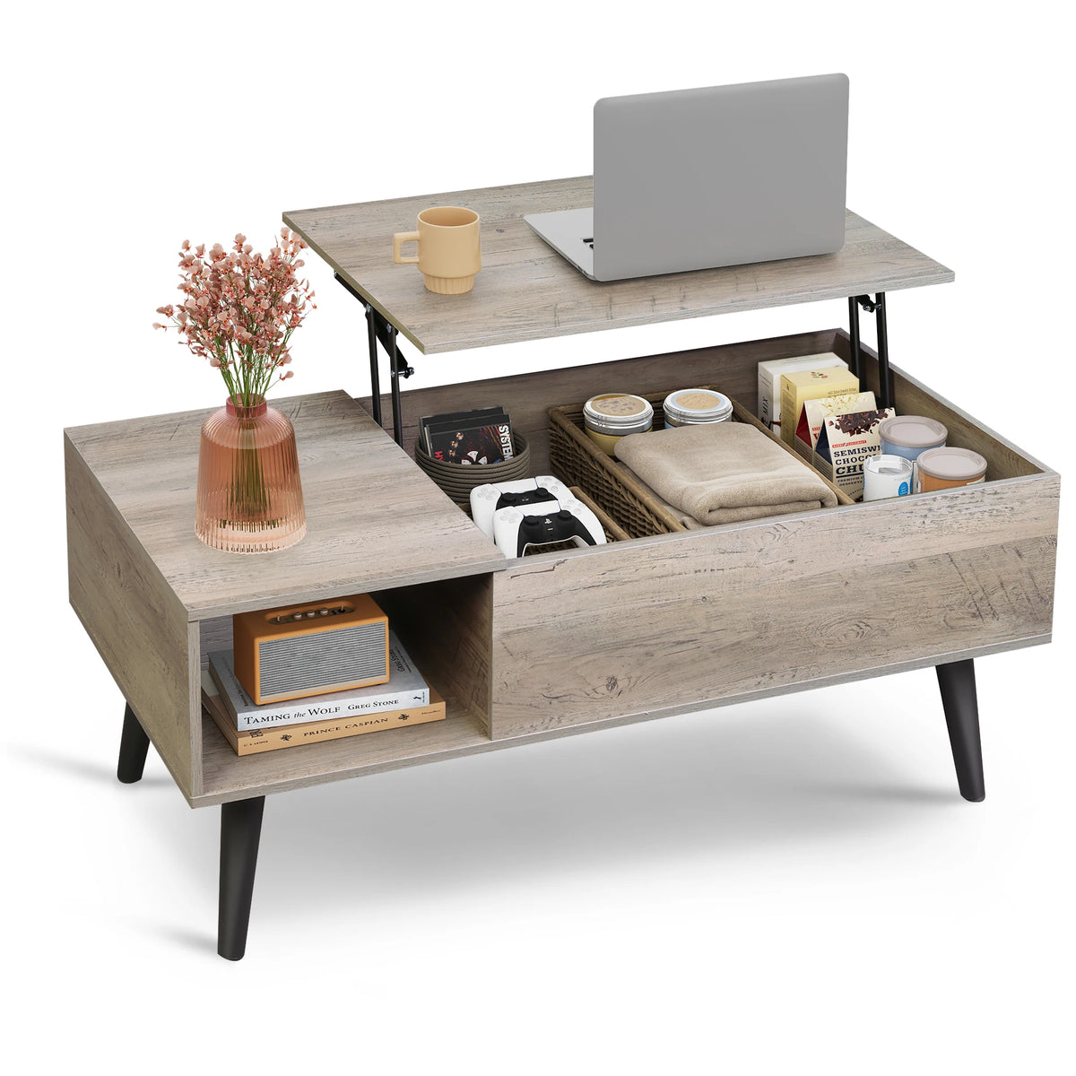 Lift Top Coffee Table with Hidden Storage, Black Mid Century Modern Wooden Coffee Table, for Dining/Living Rooms/Offices; 39.4"W x 19.7"D x 16.9"H