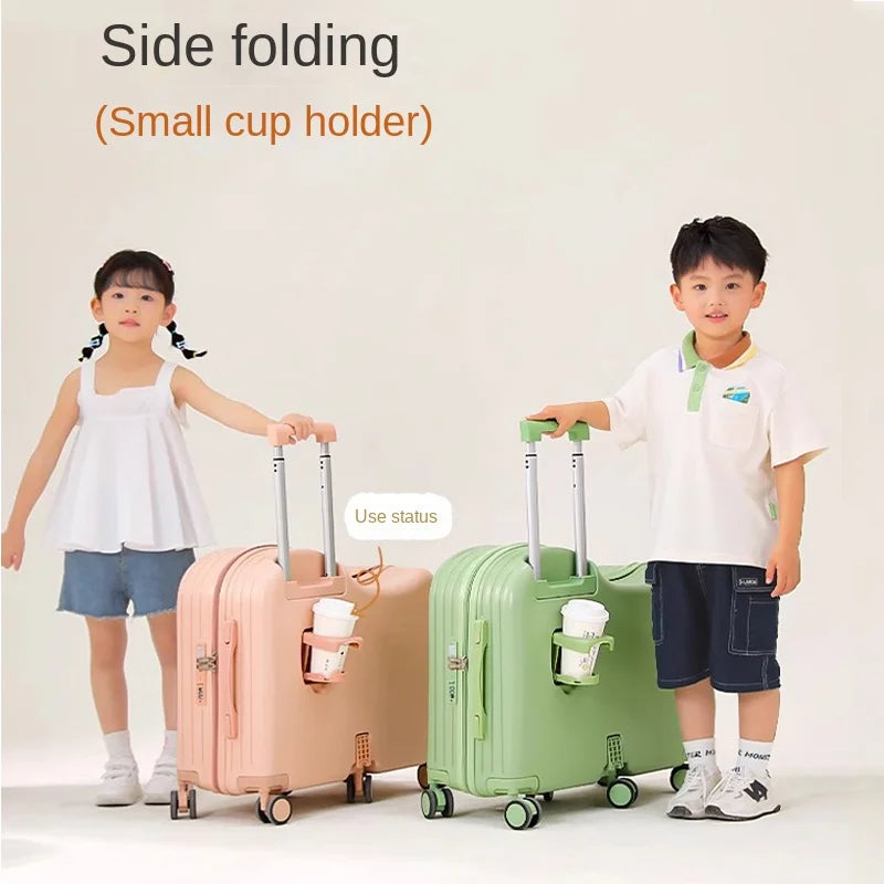 New Children's Luggage Can Sit and Ride With Hidden Cup Holders Footrest Design Durable Trolley Travel Password Box Seat Diva