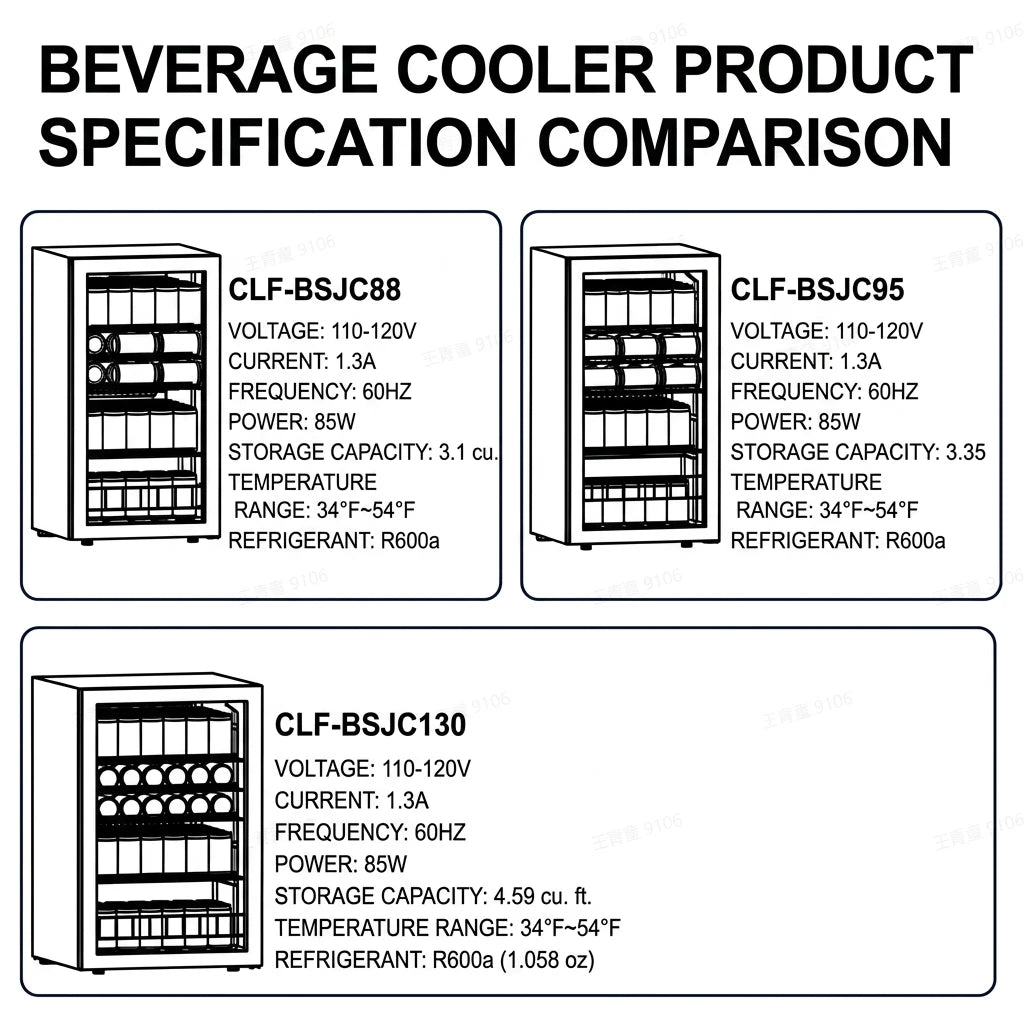 beverage cooler 3.1/3.35/4.59 cu.ft 88/95/130L Single temperature zone Direct cooling beverage/beer refrigerator Built in LED ambient-lighting light Perfect for kitchen/living room/office area/bar counter and other occasions