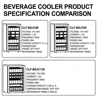 beverage cooler 3.1/3.35/4.59 cu.ft 88/95/130L Single temperature zone Direct cooling beverage/beer refrigerator Built in LED ambient-lighting light Perfect for kitchen/living room/office area/bar counter and other occasions