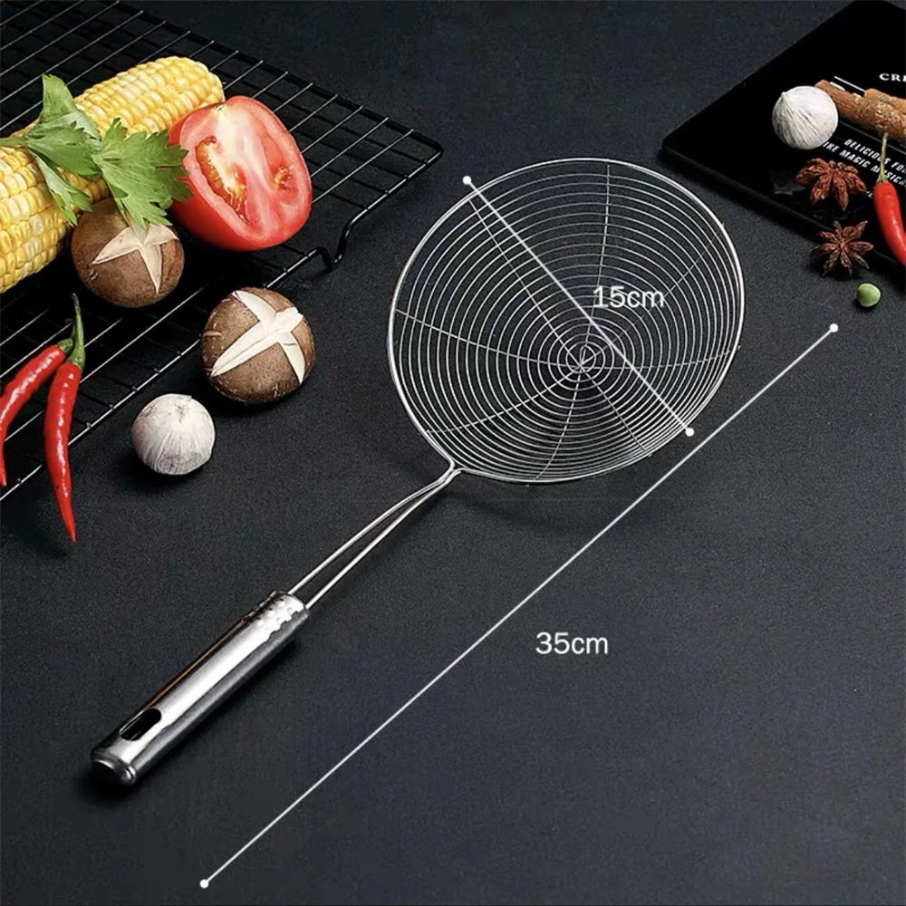 1pc Stainless Steel Fine Mesh Skimmer Spoon Multi-Function Spider Strainer with Long Handle for Cooking Frying and Noodle Strain