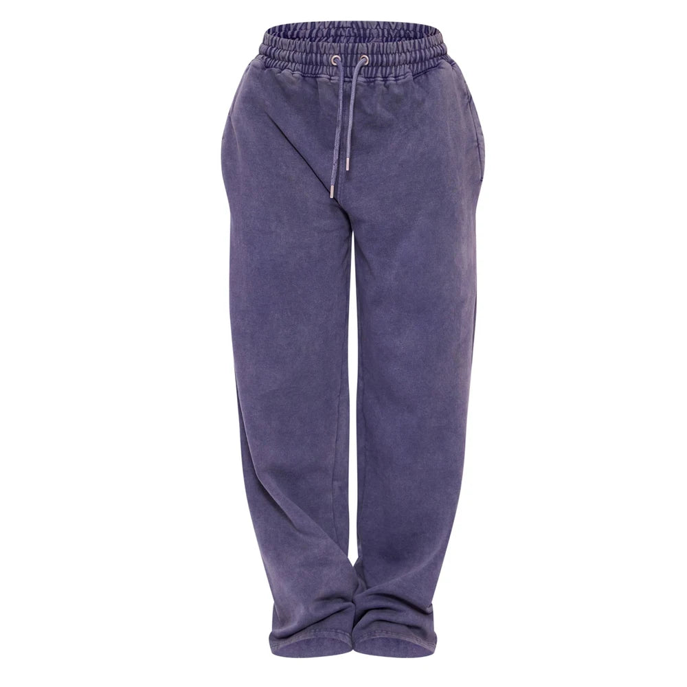 Premium Women Bleach Wash Heavyweight Cotton Fleece Flared Joggers Elastic Waist Winter Flat Front Casual Streetwear Lounge Set
