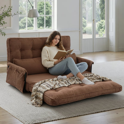 Brown Home Foldable Floor Lounge Sofa Bed, Double 5‑Position Adjustable Corduroy Couch with Armrest Side Pocket