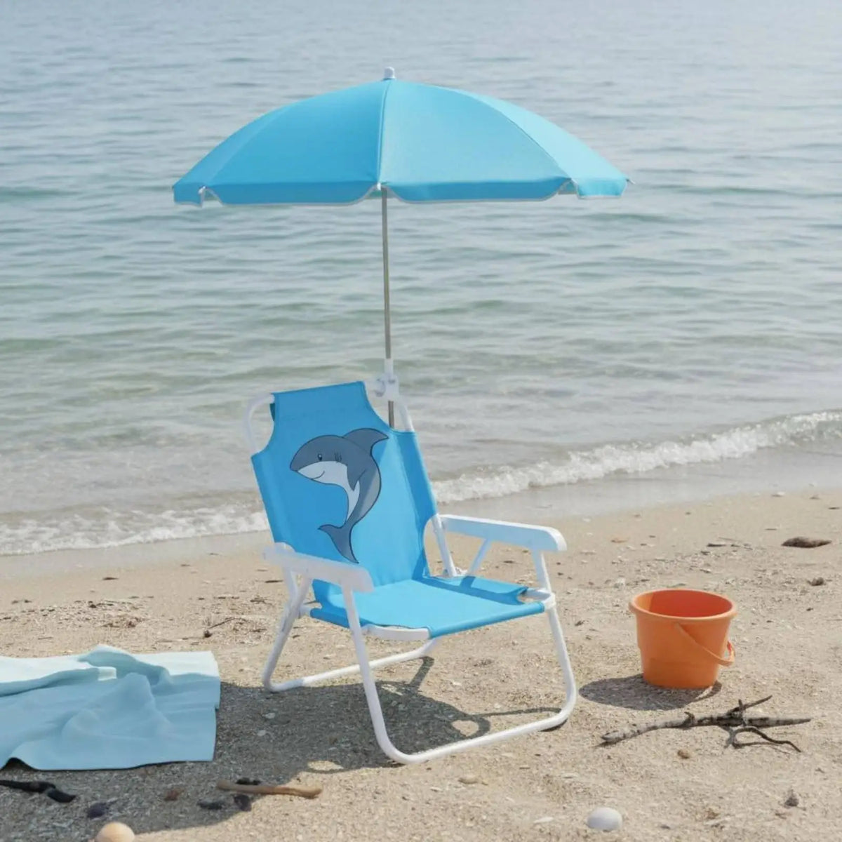Children's Portable Chair with Sun Shade Lightweight Kids Beach Chair with Umbrella Water Resistant Cartoon Creature Print