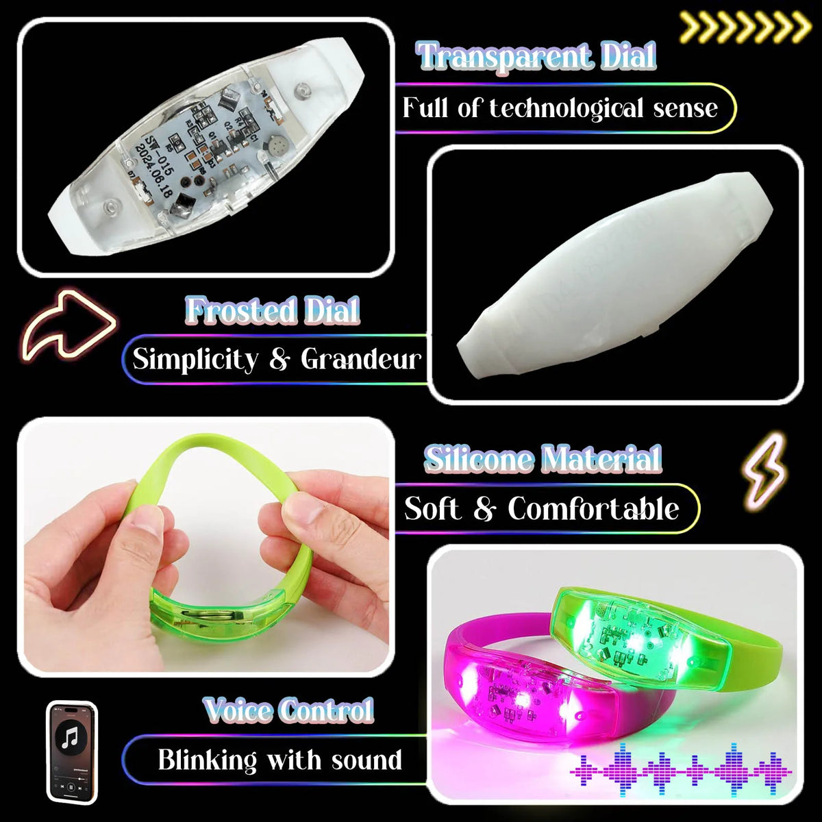 20-200Pcs Music & Sound Activated LED Bracelet Light up Bracelet Glow in the Dark Bracelets Wedding Party Accessories for Guests