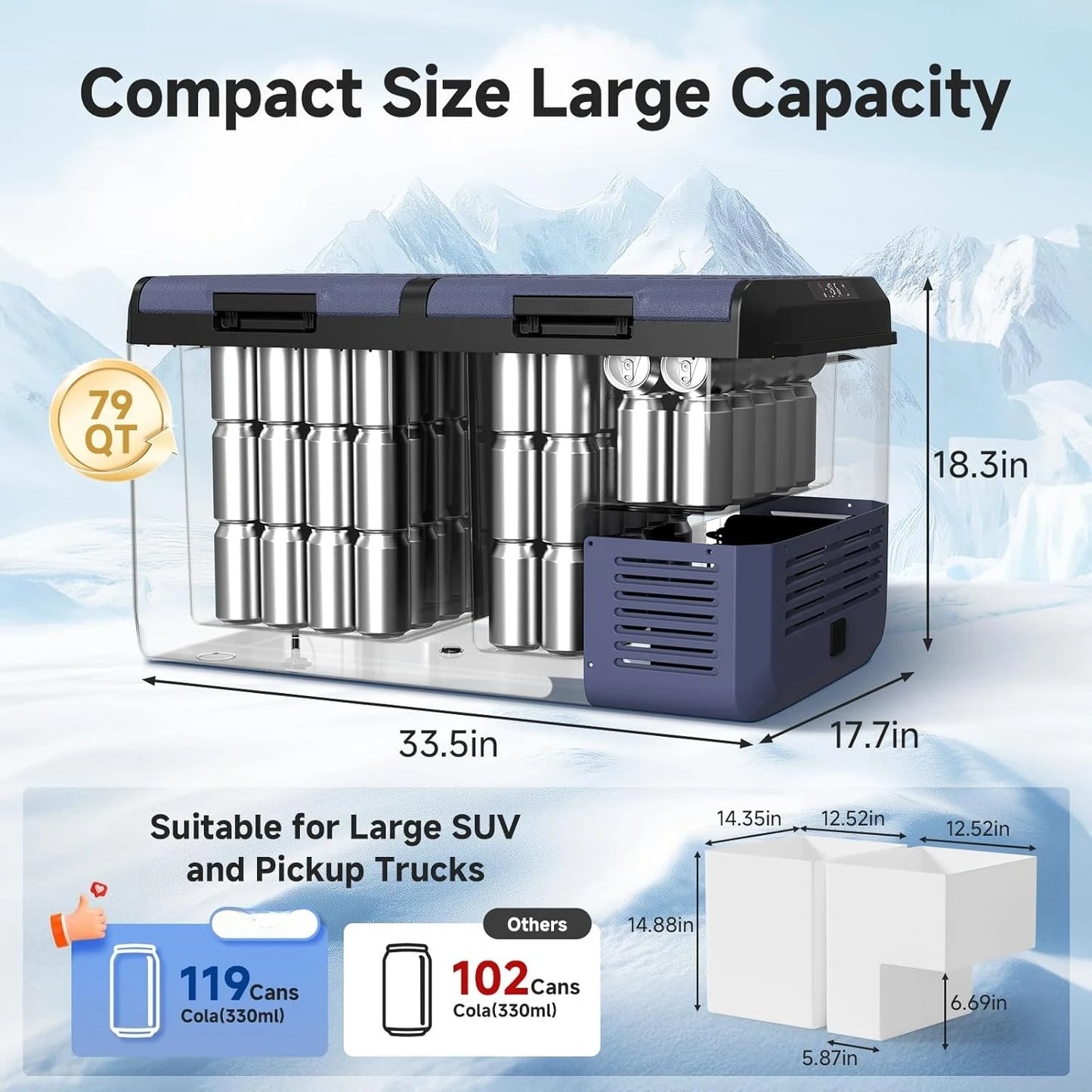 12 Volt Car Refrigerator, 79QT(75L) IPX4 Waterproof Electric Cooler, RV Car Fridge Dual Zone APP Control