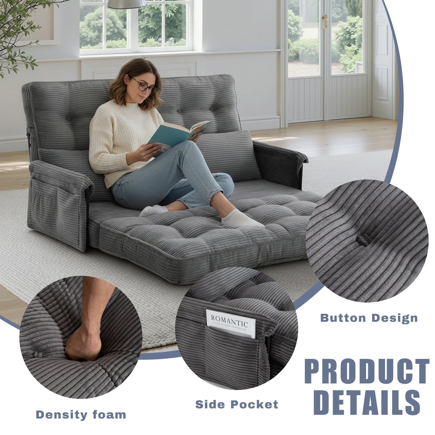 Dark grey 5‑Position Adjustable Foldable Floor Sofa Bed, Double Size Corduroy Lounge Sofa with Side Storage Pocket