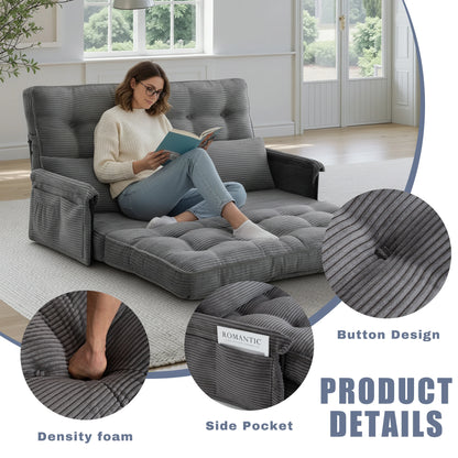 Dark grey 5‑Position Adjustable Foldable Floor Sofa Bed, Double Size Corduroy Lounge Sofa with Side Storage Pocket