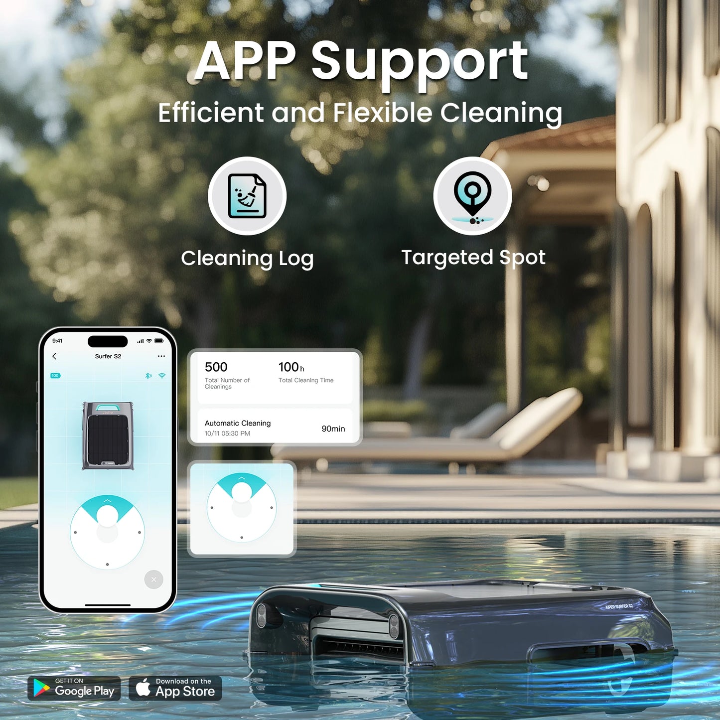 AIPER EcoSurfer S2 Solar Pool Skimmer Robot 24/7 Continuous Cleaning, Gray | App Support, Dual Charging Modes, Smart Obstacle Avoidance, 150-um Filtration, OTA Upgrade, Leak-Proof Baffle, Edge Cleaning,Refurbished