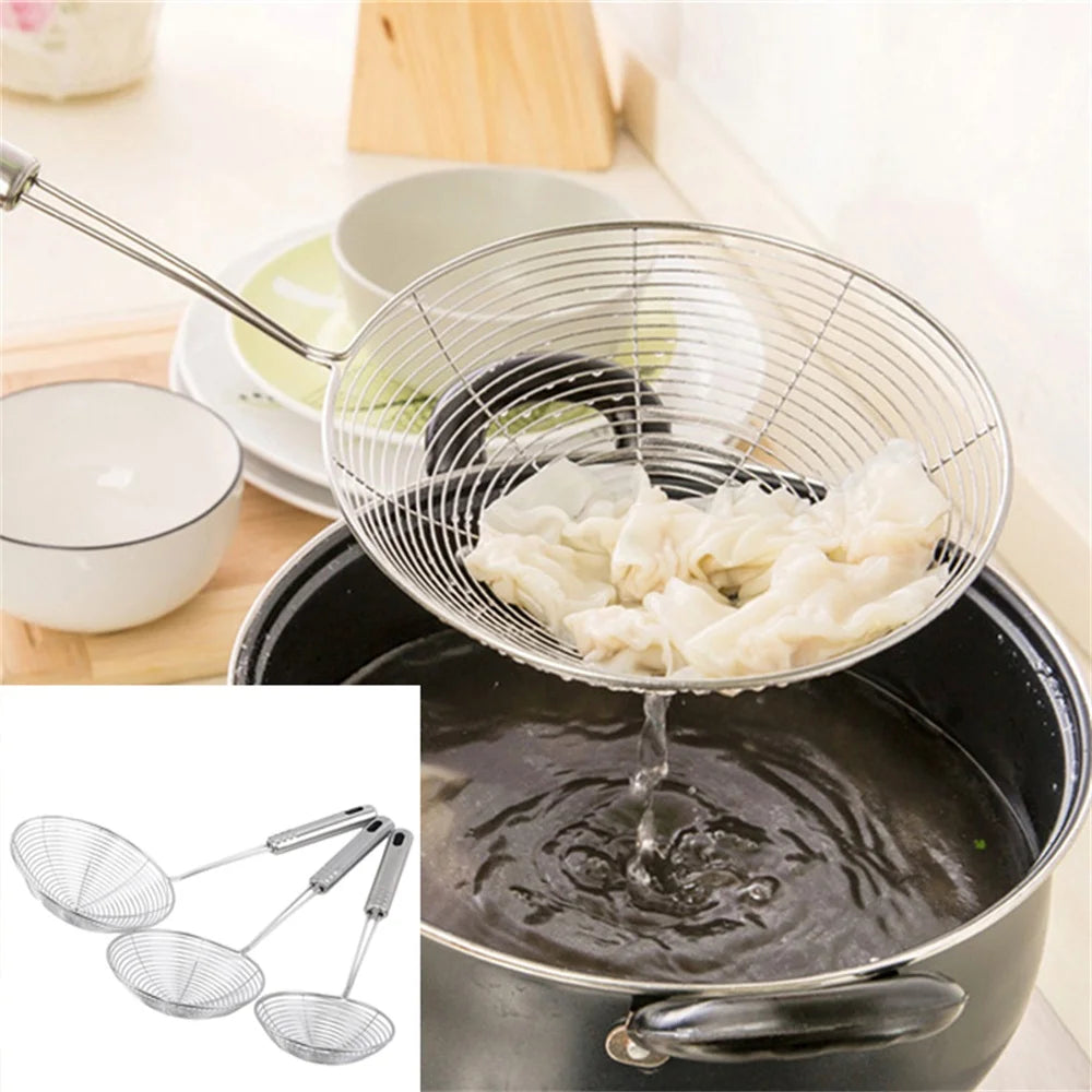 1pc Stainless Steel Fine Mesh Skimmer Spoon Multi-Function Spider Strainer with Long Handle for Cooking Frying and Noodle Strain