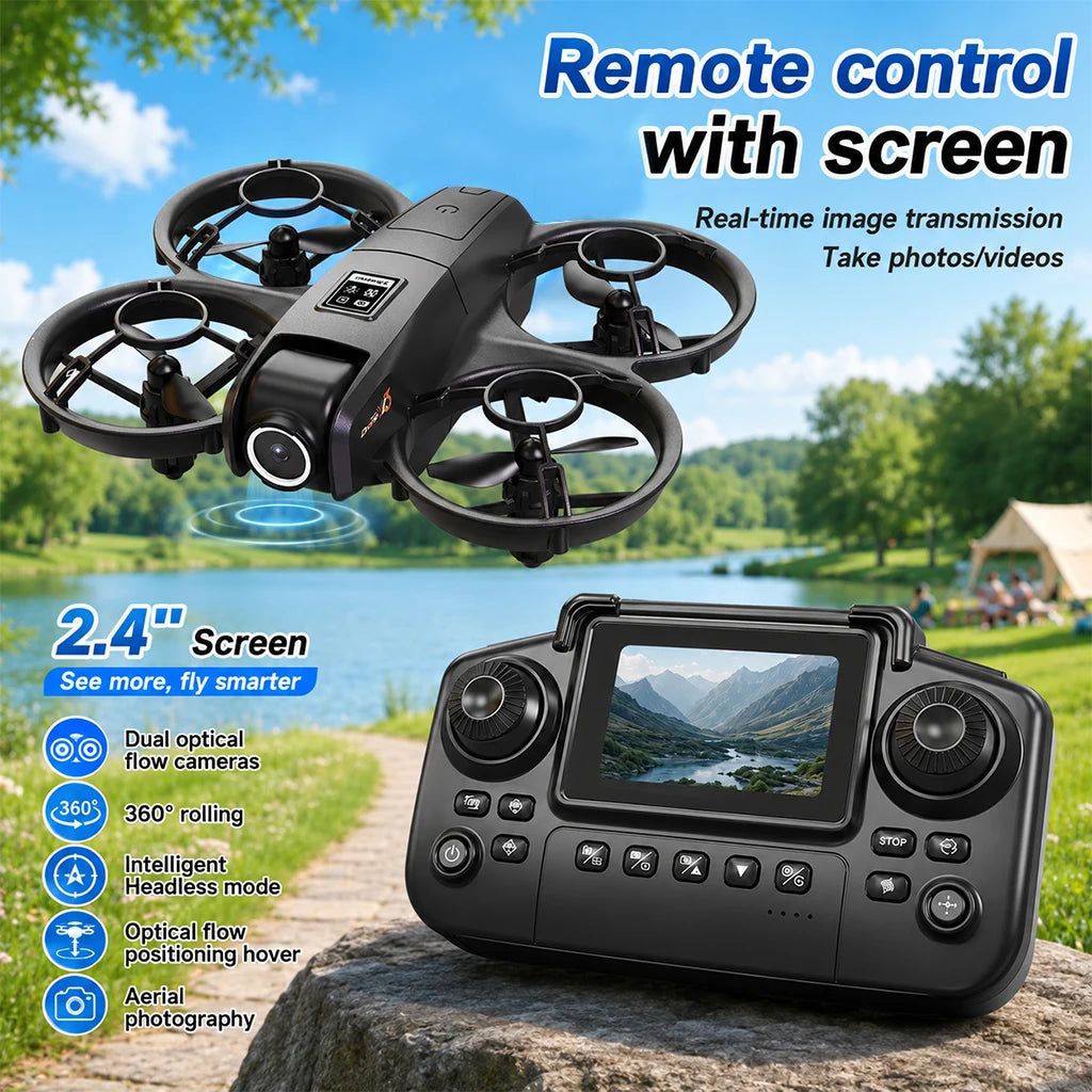 ZNLYRION  Mini Full Protective Drone YL3PK With 2.4 Inch Screen Remote Dual Camera Optical Flow Hover 2 Batteries Indoor RC Quadcopter