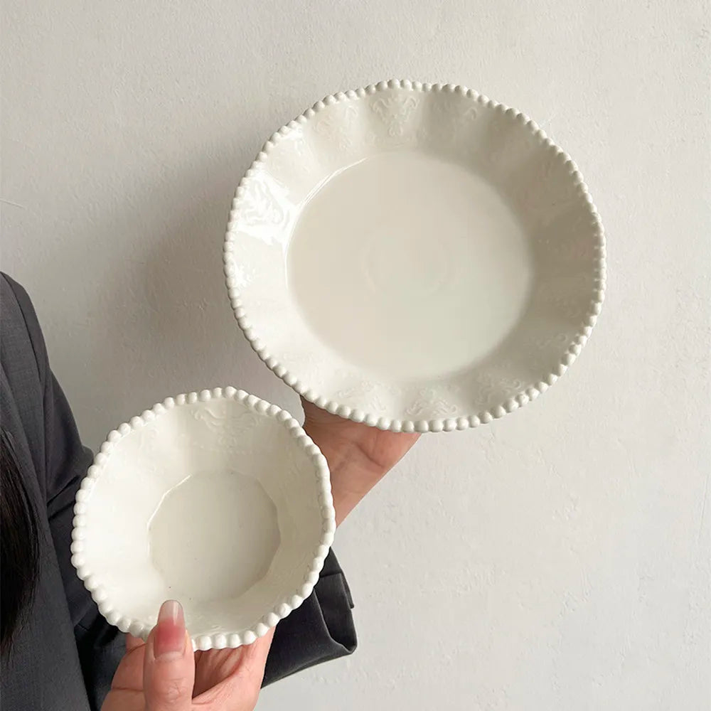 ColorValue White Pearl Ceramic Breakfast Plate Bowl Set Ins Style Elegant Tableware for Home Drining