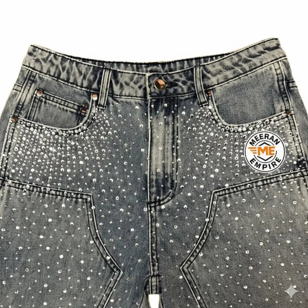 Custom 2025 Oversized Acid Wash Diamond Crystal Denim Shorts Jeans Streetwear Rhinestone Baggy Shorts Men
