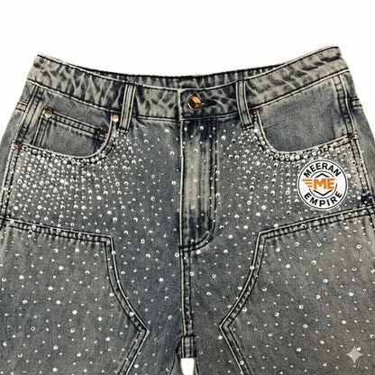 Custom 2025 Oversized Acid Wash Diamond Crystal Denim Shorts Jeans Streetwear Rhinestone Baggy Shorts Men