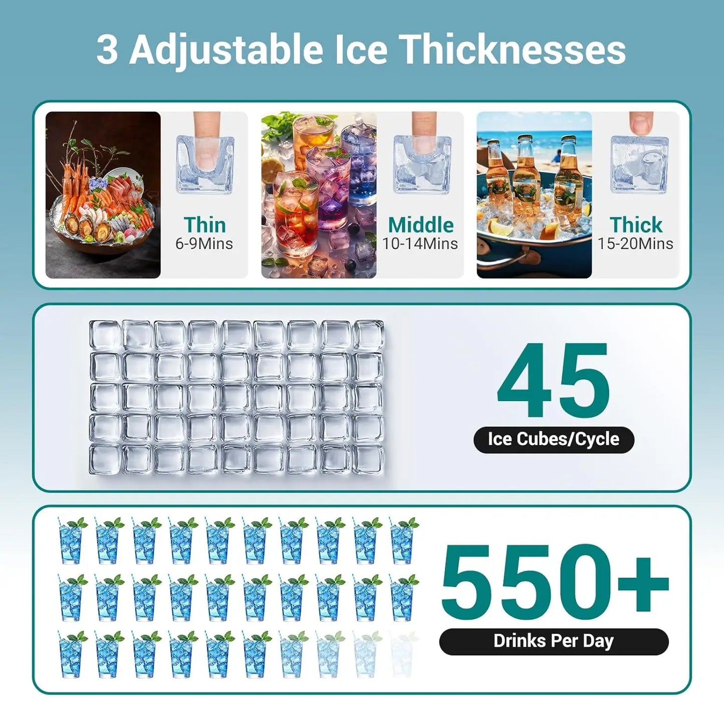 Commercial Ice Maker Machine 120 Lbs/24H Under Counter, Stainless Steel Freestanding Ice Machine, 45 Ice Cubes in 8-15 Minutes