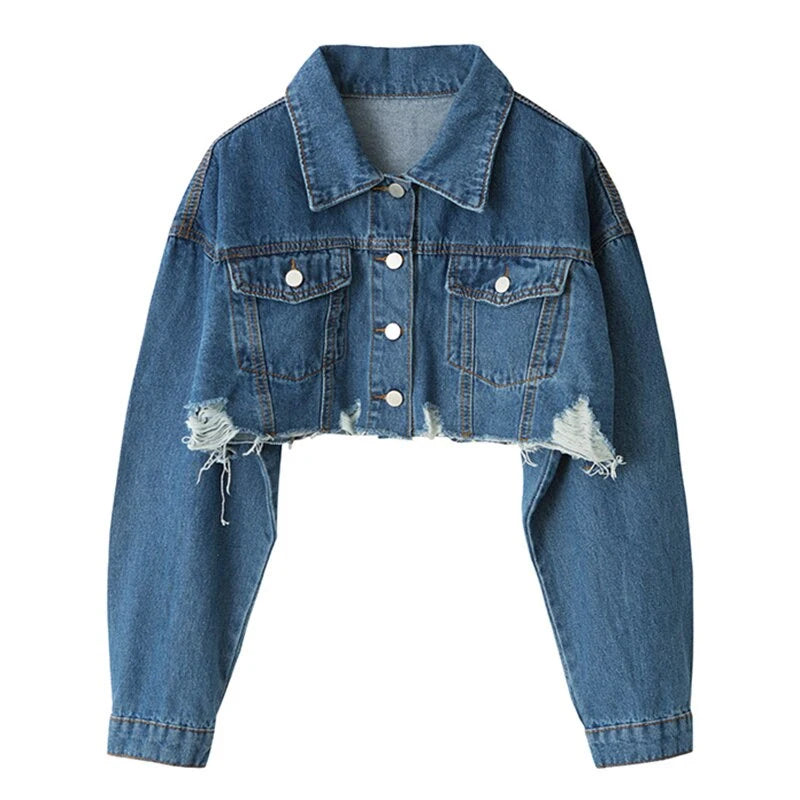 2025 Autumn Women Denim Jacket Casual Skinny Outwear Short Ripped Jeans Coat Long Sleeve Fashion Leopard Button Diamonds