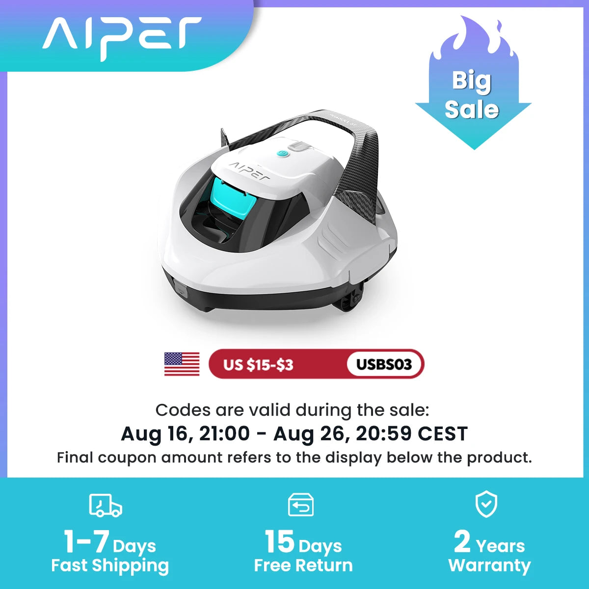 AIPER Seagull SE 2026 Cordless Robotic Pool Vacuum with 1320GPH Strong Suction, Lasts 90 Mins Runtime, LED Indicator,Pool Vacuum for Above-Ground Pool up to 40 Feet,Refurbished