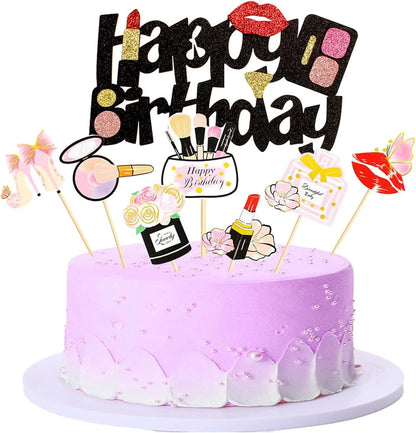 22Pcs Makeup Cake Topper, Lipstick Perfume Eyelash Diamond Brush Cosmetic Cupcake Toppers Decoration for Birthday Party Supplies